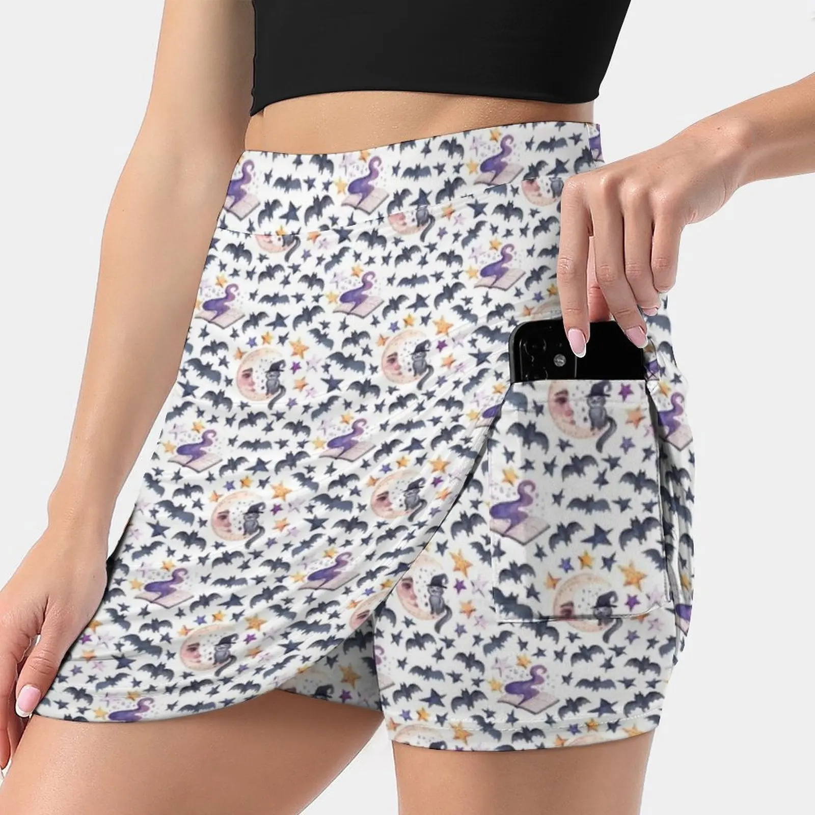 Black Cat On The Moon. Watercolor Pattern For A Merry Women's skirt Sport Skort Skirt With Pocket Fashion Korean Style Skirt