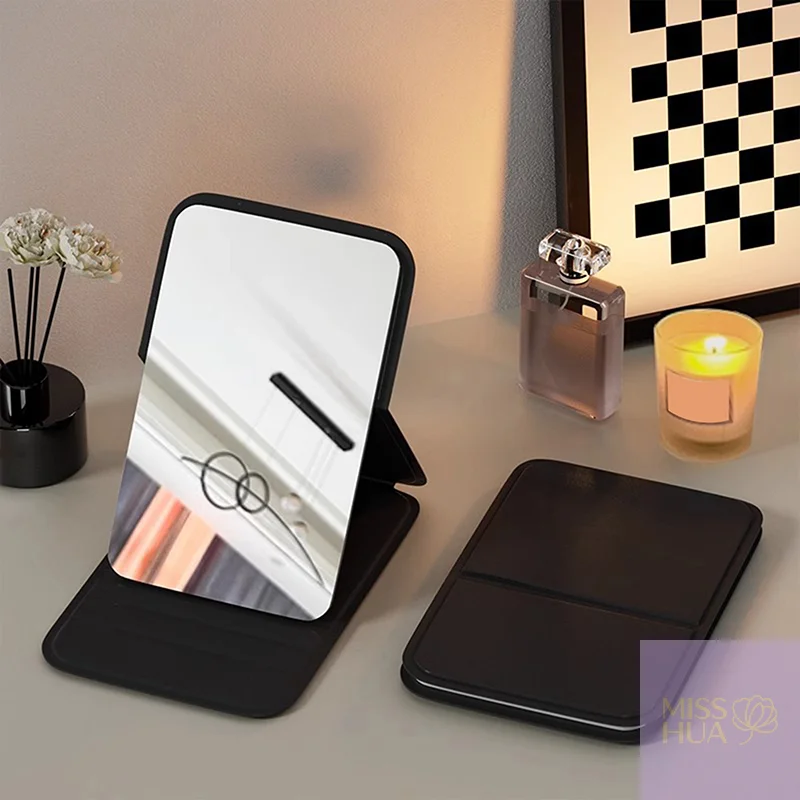 YY Desktop Mini faltbarer Make-up-Spiegel, einfarbig, PU-Leder, einfach, tragbar, verschleißfest, für Studenten, kompakt, Hand-Make-up-Mir