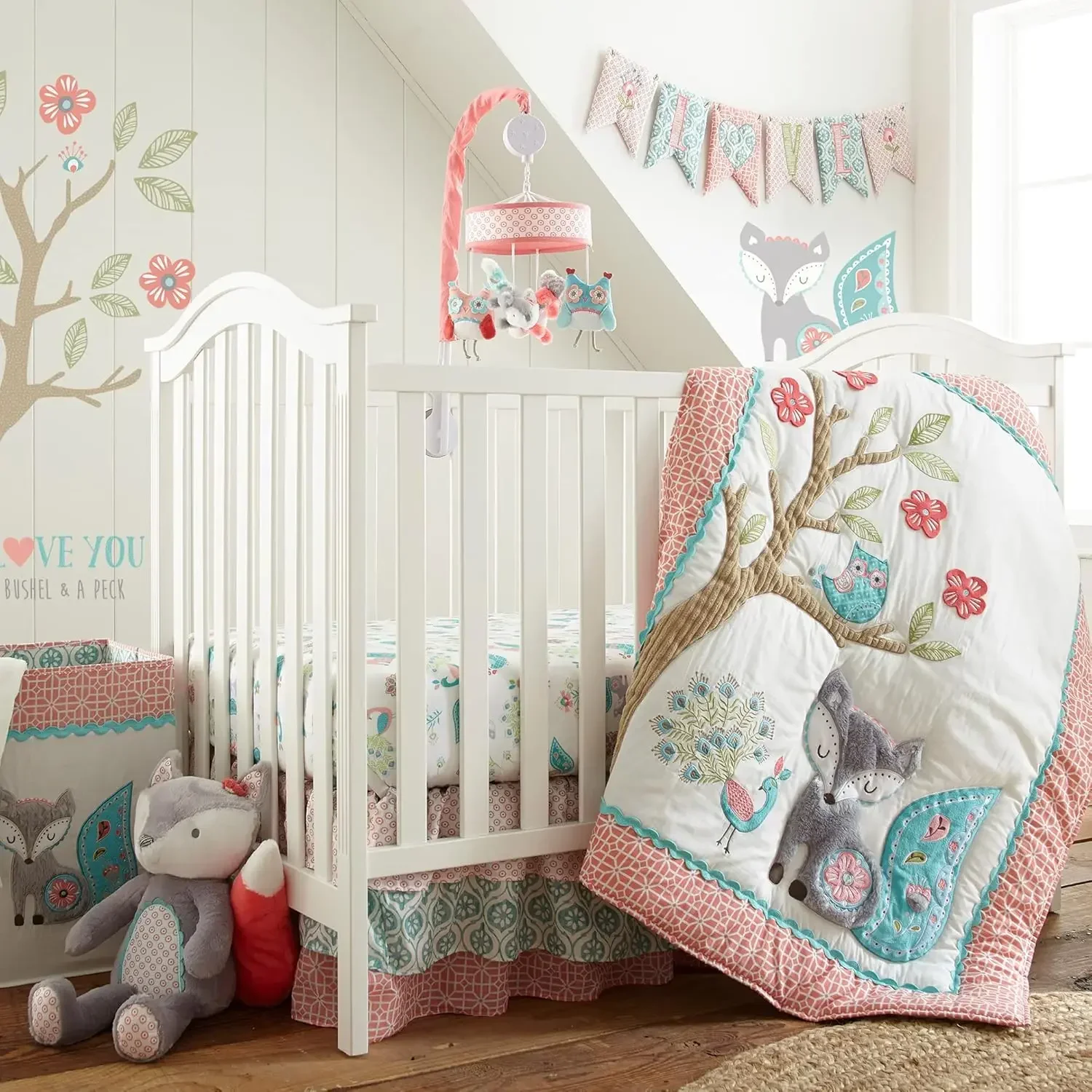 Levtex Baby - Fiona Crib Bed Set Baby Nursery Set Pink, Teal, and White Woodland Forest Theme 5 Piece Set Includes Quilt