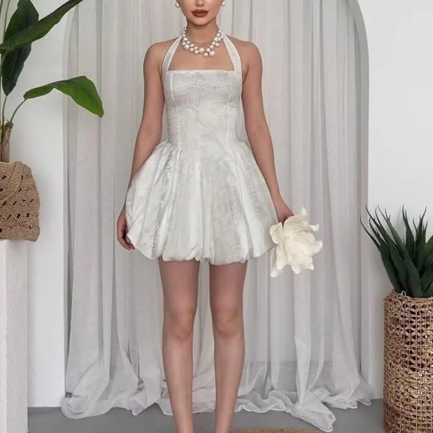 Satijn Jacquard Homecoming Jurken Korte 2025, Halter Mini Bubble Jurk Mouwloze Cocktail Verjaardagsfeestje Jurk Galajurken