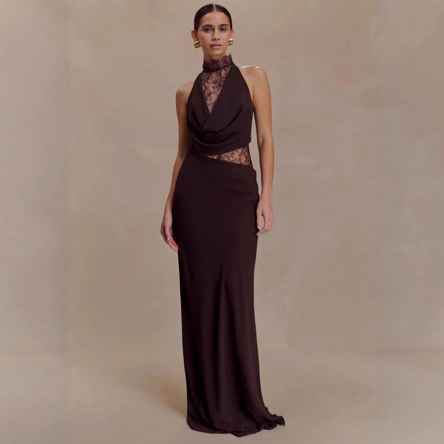 

Women Hollow Out Patchwork Long Dress Elegant Off-shoulder See Through Brown Lace Dresses Lady Sleeveless Evening Party Vestido
