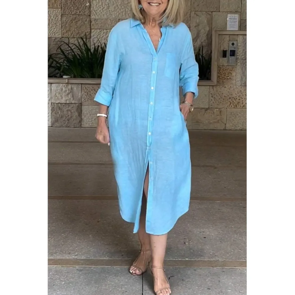 

Women's Casual Lapel Single Breasted Cotton Linen Pocket Dress Spring Autumn Loose Long Sleeves Female Beach Holiday Shirt Dress