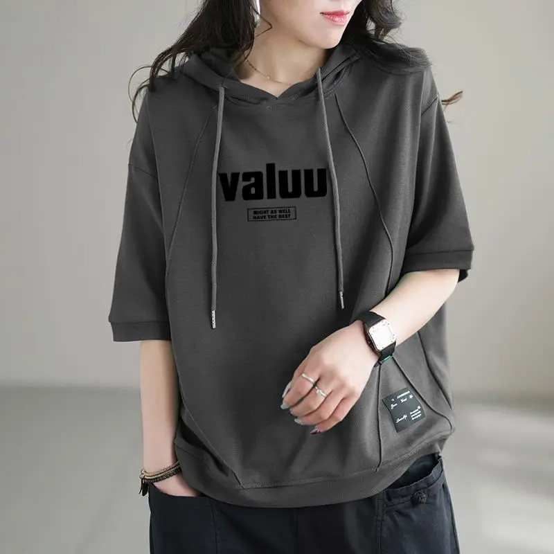 2024 New Summer Art Fashion Casual Loose Sports Oversized Versatile Letter Printed Short Sleeve Hooded Sweater for Women