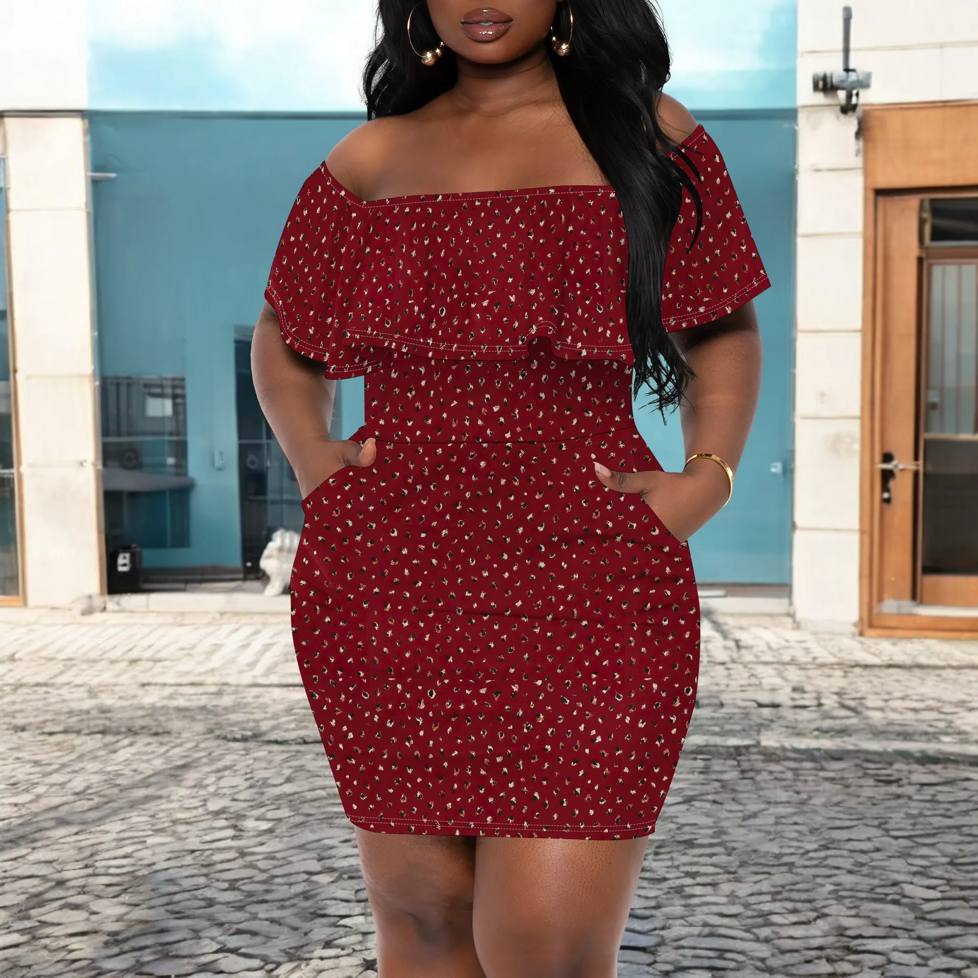 Women's Sexy Off Shoulder Ruffle Plus Size Mini Dress Nightclub Bodycon Pencil Skirt Short Skirt for Curvy Women