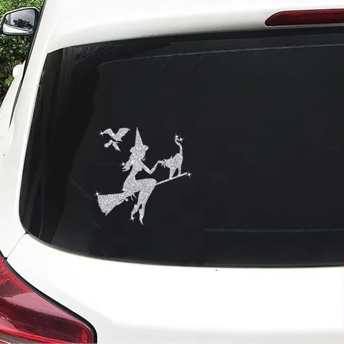 2pc/lot Halloween Car Stickers Flash Silver Decals Witch And Cat Car Stickers