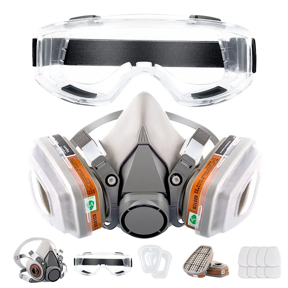 Reusable Half Face Cover Gas Mask with Safety Glasses Double Filtration for Chemical Organic Vapor Welding Woodworking Protect