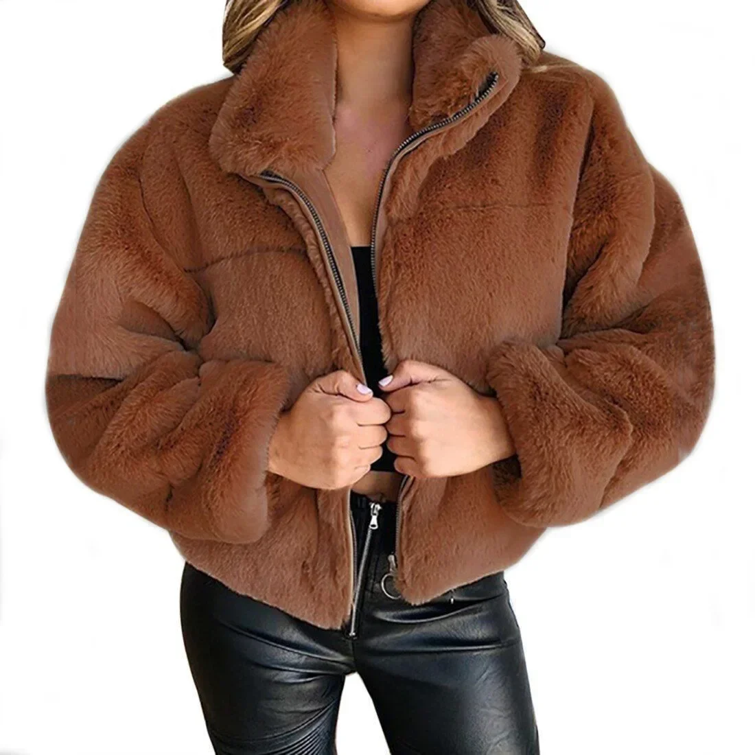 Women Casual Fur Zippered Cardigan Faux Rabbit Female Winter Plush Thick Warm Loose Fur Coat Loose Lapel Jacket Fur Coat S-5XL