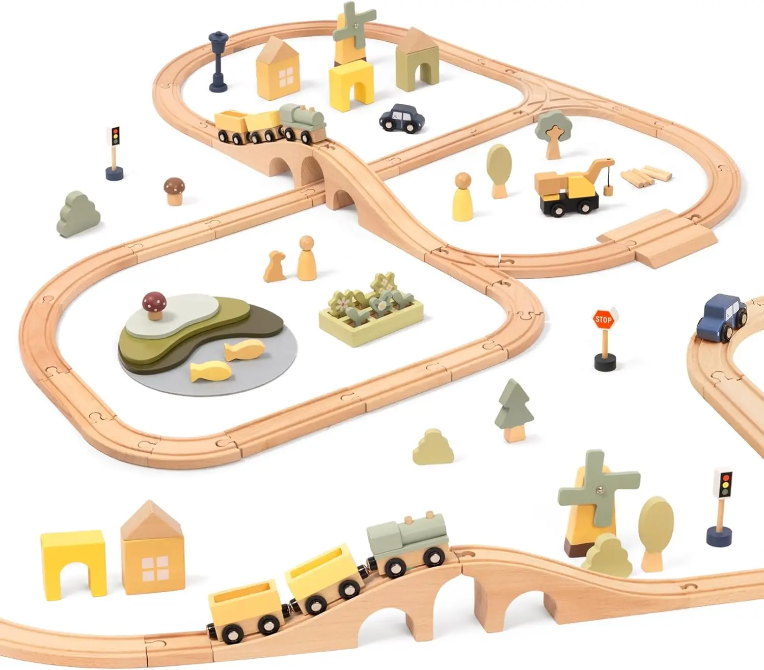 

Multi-Scenario Wooden Train Set,All Wood Accessories Train Set for Toddlers 3 Years Old, Multi-Scenario Train Toy for 3 4 5 Year