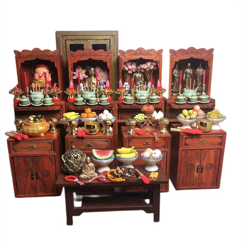 Dollhouse Miniature Sakyamuni Worship Model Mini Chinese Cabinet Retro Serving Fruit Mini Buddha Feng Shui Furniture Decoration