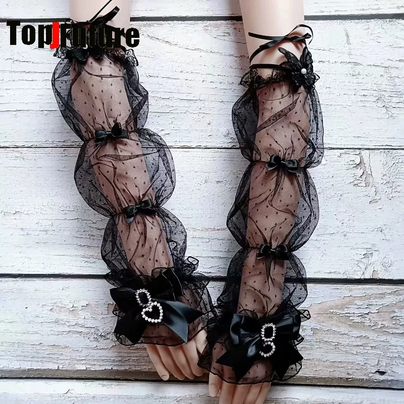 Japanese Sweet Lolita Y2K Girl Subculture Lace Ruffle Bow Rhinestone Heart Pearl Pendant Arm Sleeves Harajuku Kawaii Arm Warmers