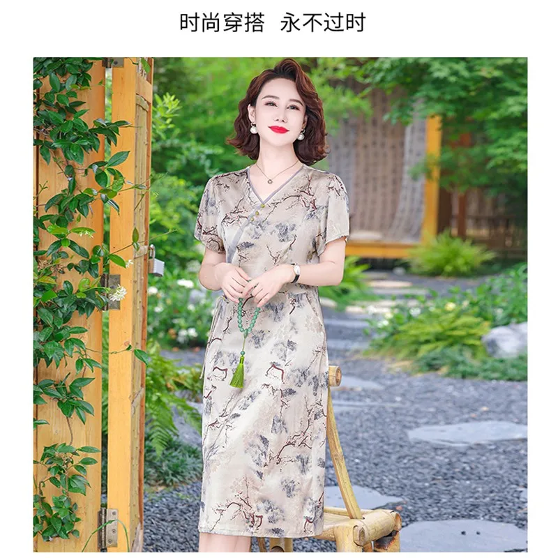 Summer Flares Floral Mulberry Silk Midi Dress Korean Vintage Casual Dress Women Elegant Loose Waist Party Dress