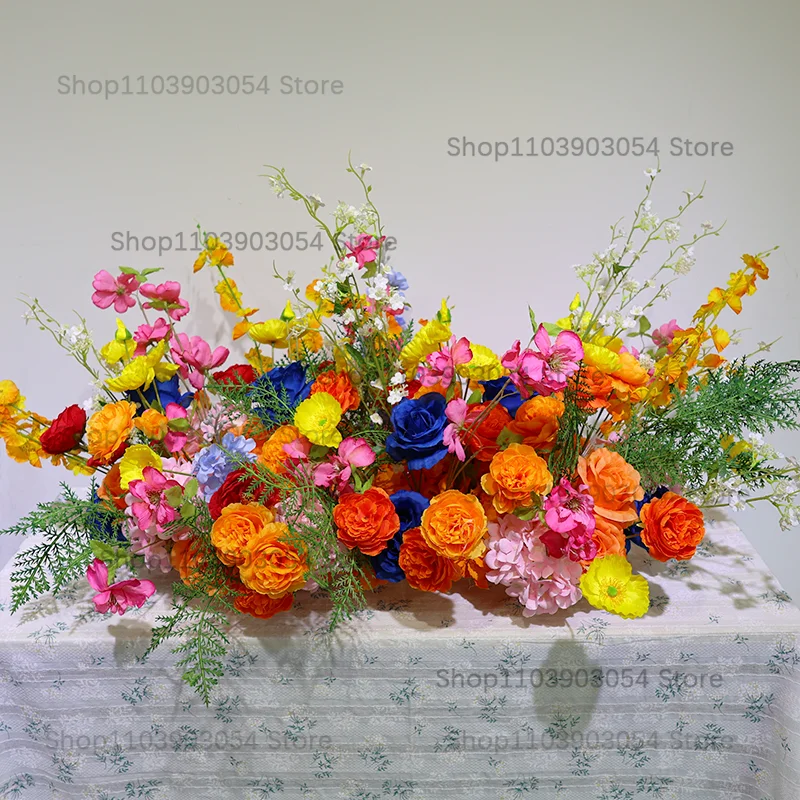 Buntes Orange-Rot-Blau-Rosa Künstliches Tischblumenarrangement Hochzeitsbankett Esstisch-Mittelstück Rosen-Mischblumenreihe – Detail 3