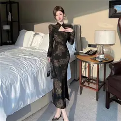 150kg 5XL Plus Size Chinese Style Cheongsam Sexy Women Vintage Long Sleeve Qipao Slim Split Midi Dress Cosplay Long Vestidos