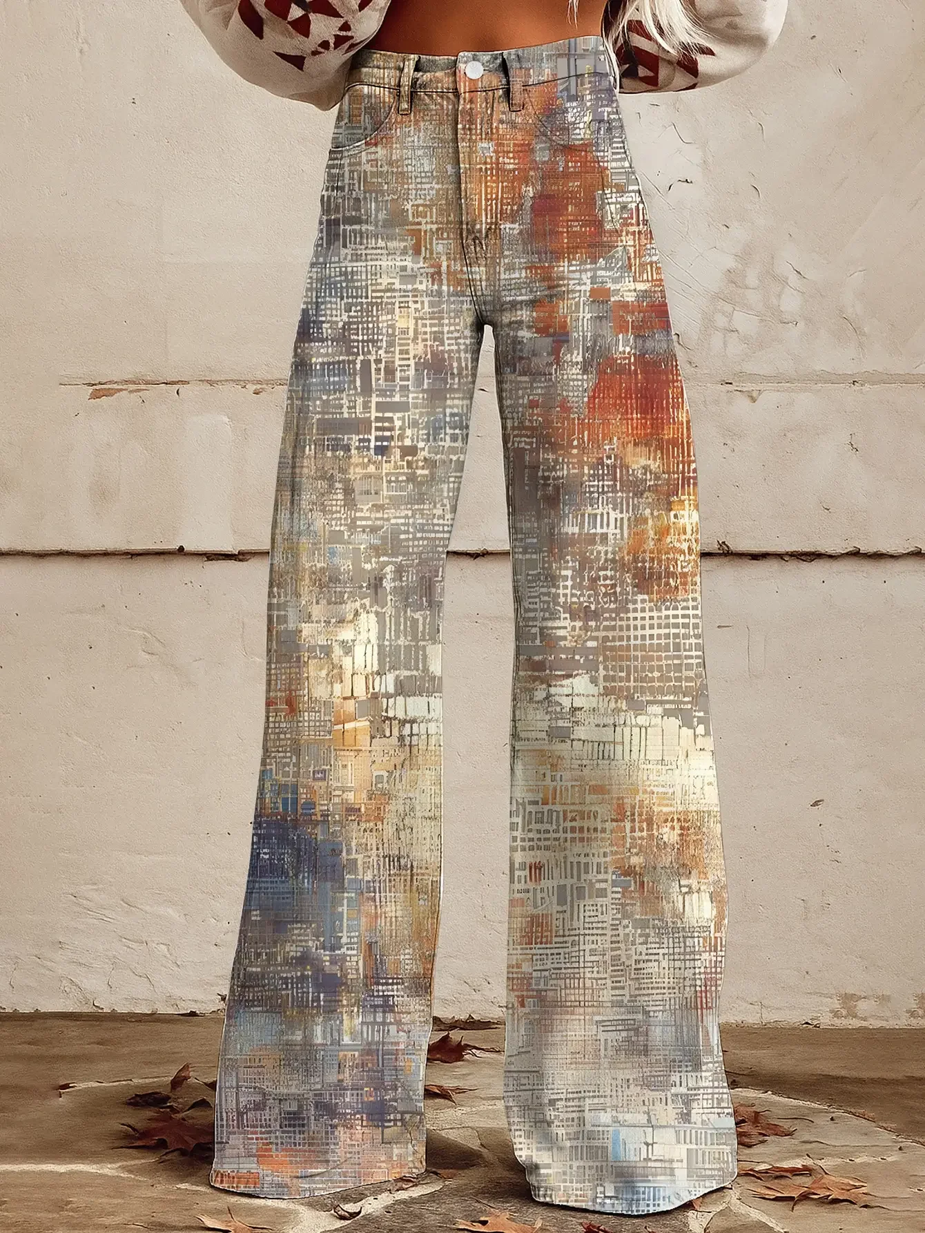 Women's new printed jeans with denim like fabric, casual and fashionable, Red background and leopard print combination