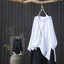 Camiseta de manga larga con capucha para mujer, y dobladillo Camisa de algodón con abertura, Estilo Vintage Harajuku 2xl, Top informal de gran tamaño, color blanco y negro, otoño