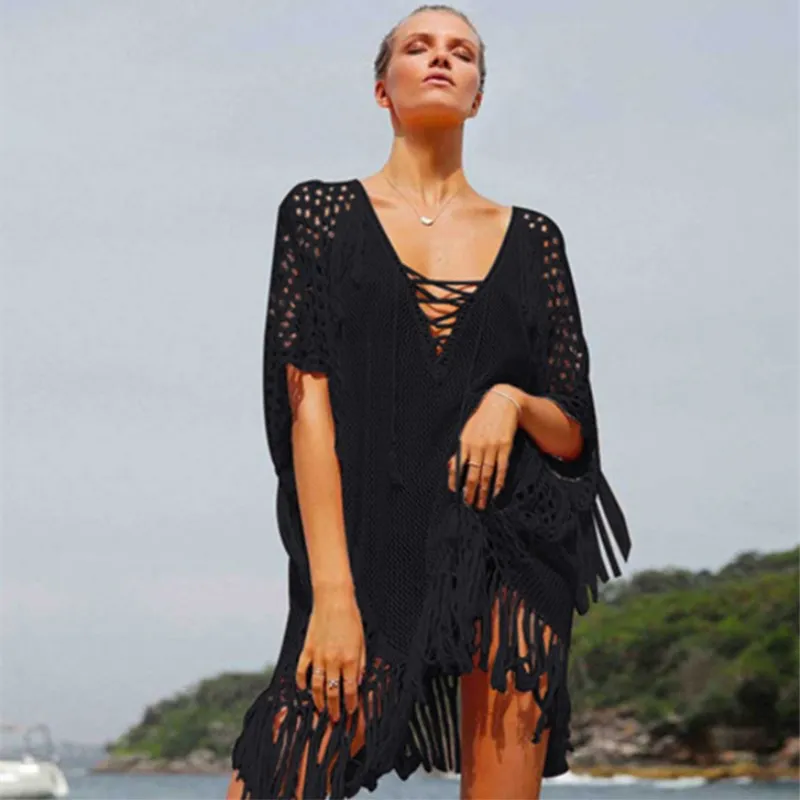 Sand Beach Wear Beach Coat Hollowed-out Knitted Fringed Blouse Lady Holiday Bikini Tassels Swimsuit Seaside Sunscreen Women