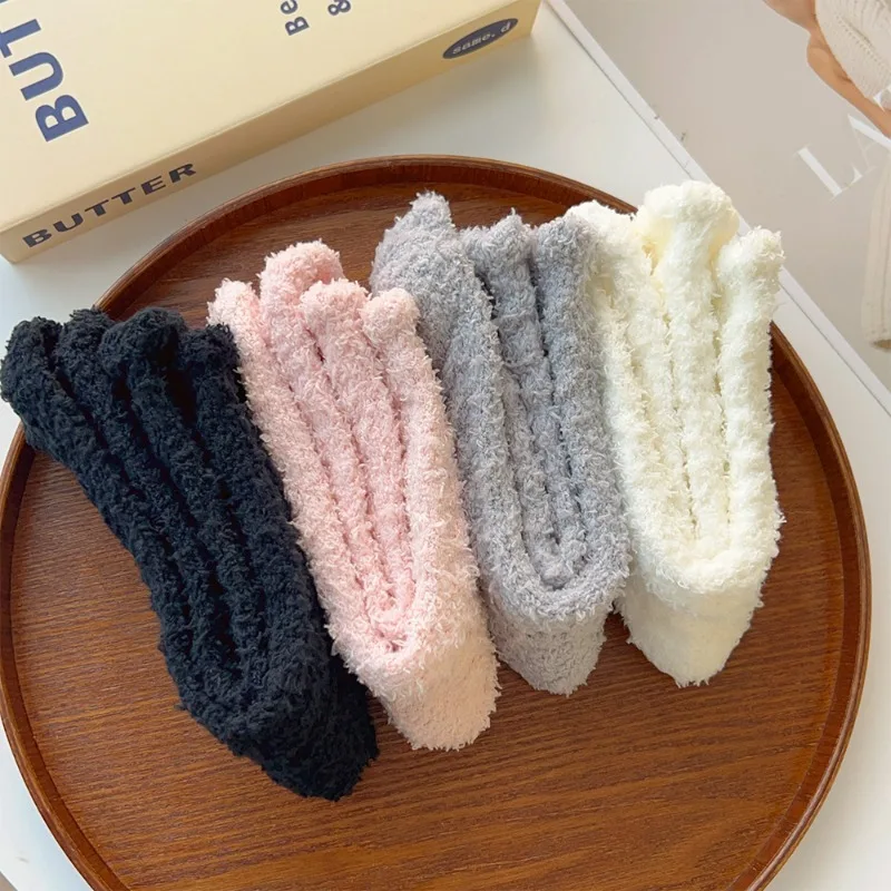 1/4Pairs Thick Plush Mid Tube Socks Women Coral Fleece Soild Color Thickened Warm Winter Harajuku Fashion Simple Home Sleep Sock image 3