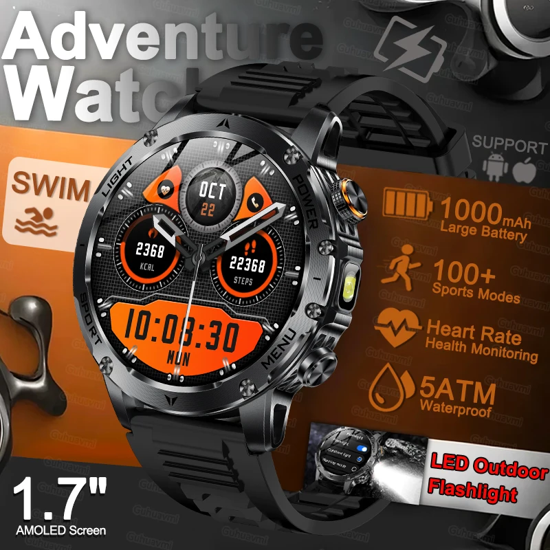 

2026New Adventure Watch 1000mAh Battery SmartWatch 5ATM Waterproof GPS Bluetooth Call 1.7"AMOLED Screen Sports Smart Watches Man