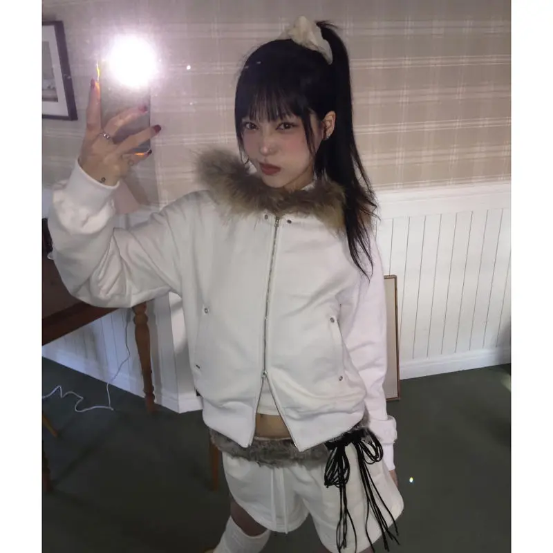 Maillard style spicy girl patchwork design sense hooded sweatshirt autumn/winter American short zipper slim fit women's top