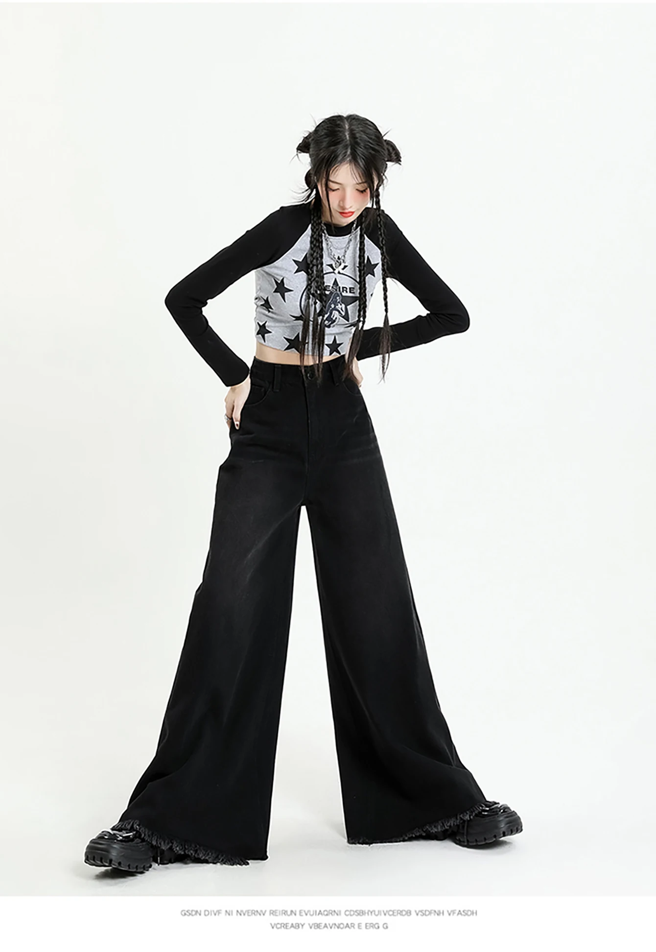 Subkultur retro tua yang sudah dicuci Celana jeans kaki lebar abu-abu hitam kaki lebar kaki gajah jeans kaki celana besar