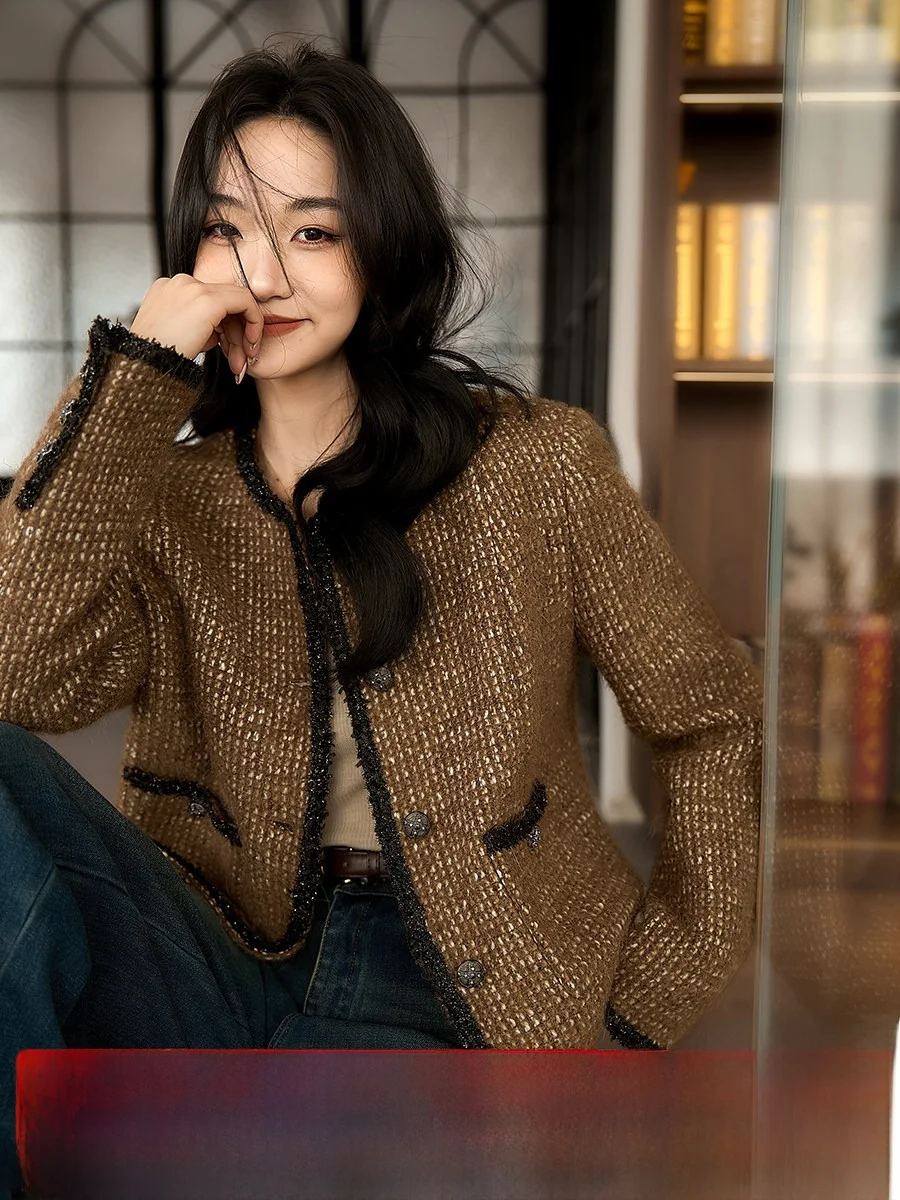 

Xiao Han Ge Maple Syrup Cr ort Woolen Coat Cozy Cheered Patterned Outerwear for Women Commute Sle Stand Fit
