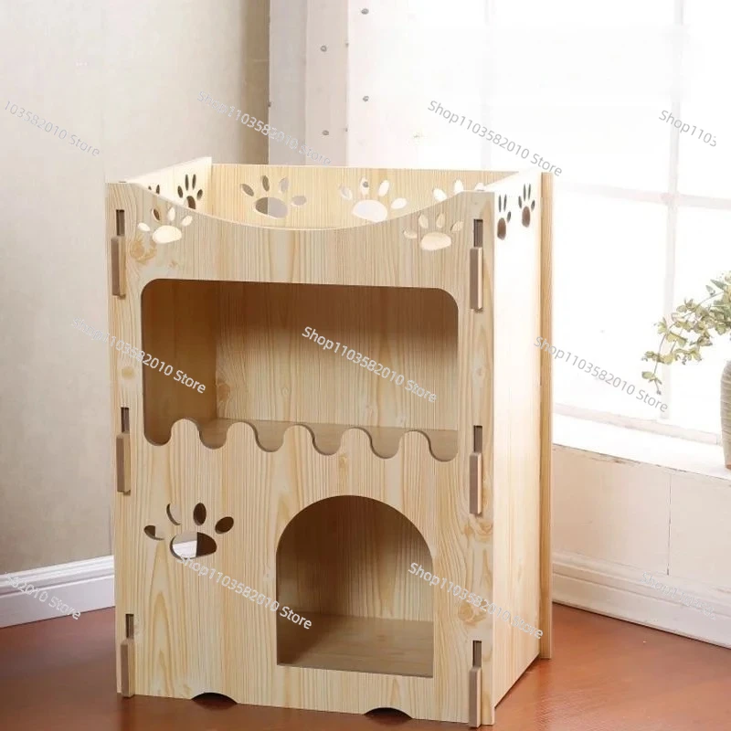 Four Seasons Luxury Solid Wood Pet Furniture - Double Deck Cat Dog Villa with Accessories