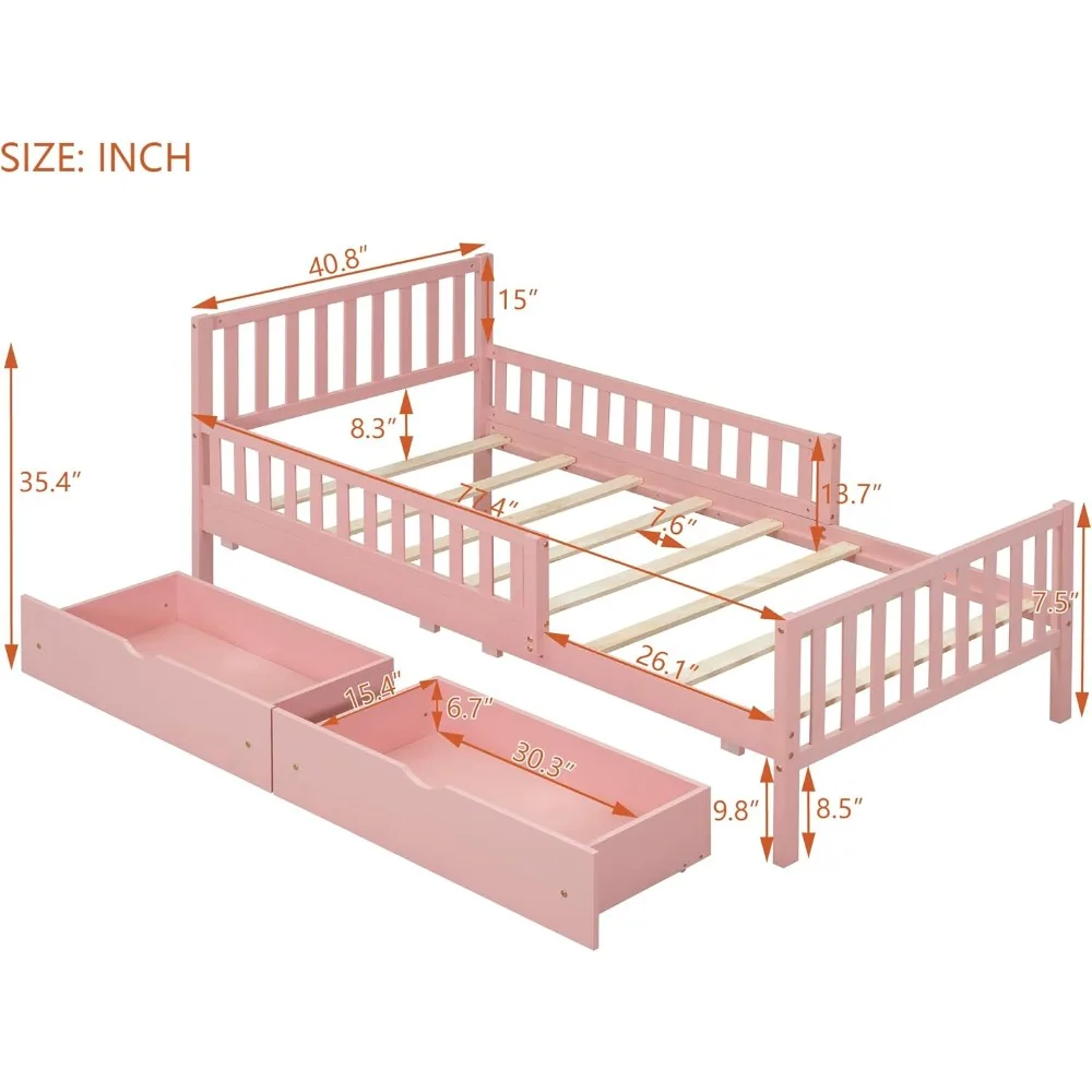 가드레일이 있는 어린이 트윈 침대, 머리판 및 발판이 있는 로우 플랫폼 침대, 핑크 어린이 침대 프레임, 소년 소녀용 서랍 2 개