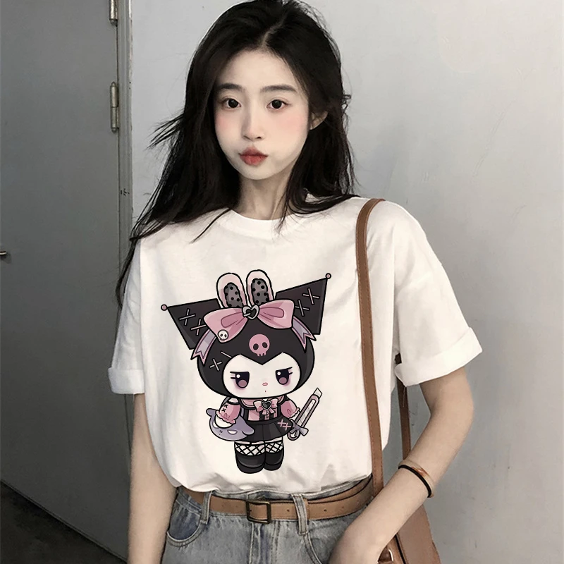 Kuromi T-shirt Women Cotton Fashion Tees Shirts Kawaii Sanrio Melody Cartoon Oversize Harajuku Casual Clothes Streetwear Y2K Top