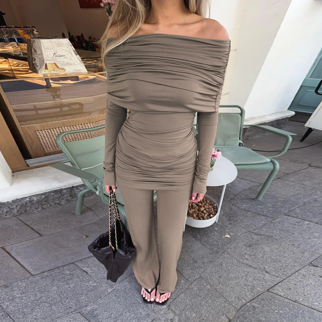 

Absobe с открытыми плечами и рюшами, топ, расклешенные брюки, комплект женских сексуальных тонких брюк с длинными рукавами, комплект из 2 предметов, осень-зима 2024, элегантный наряд, уличная одежда