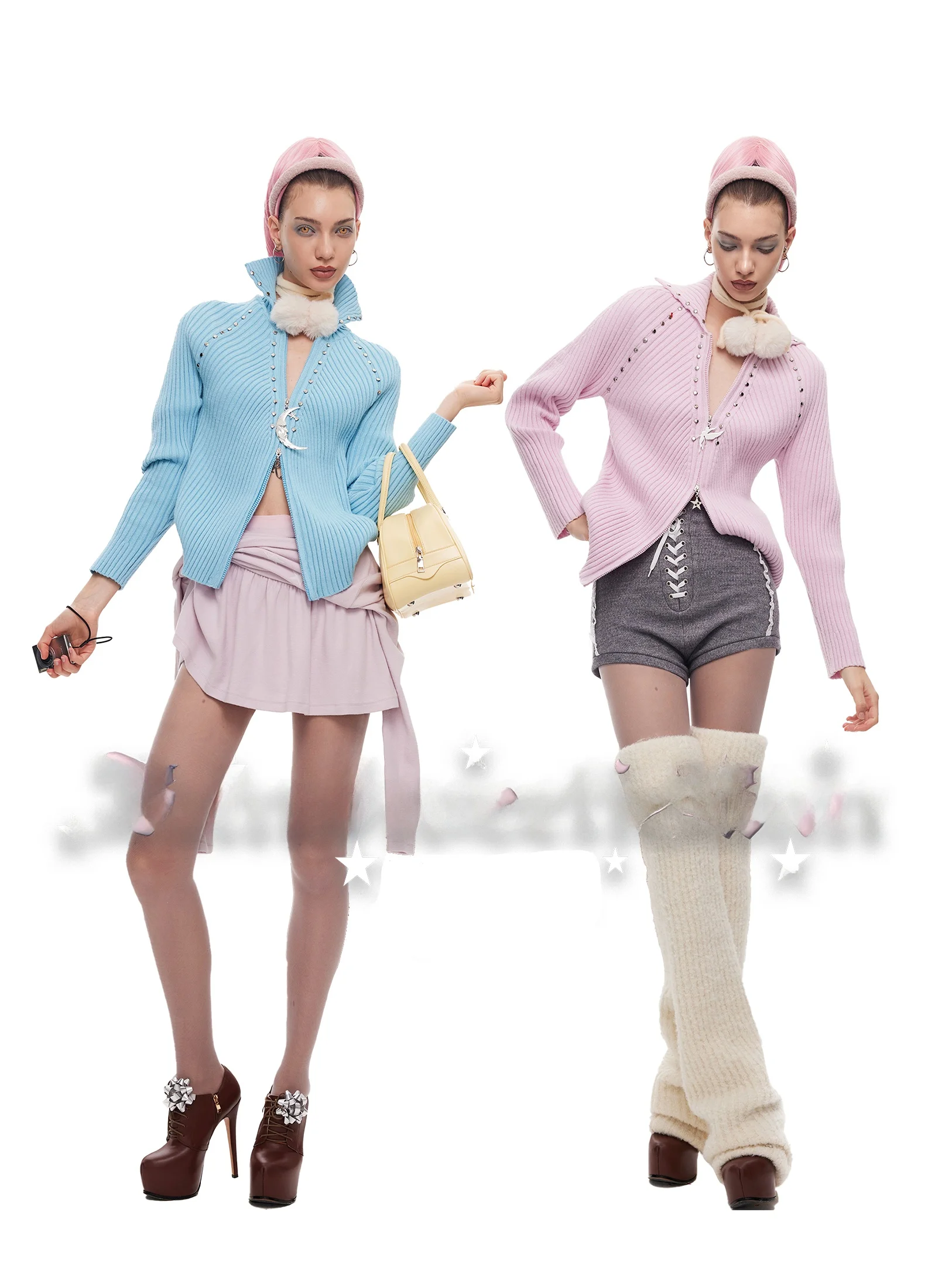 

RunSweeiteRun Angel And Moon Rivet Striped Knitted Zipper Sweater Commute Sle Slim Fit Long Sve Pure Color Winter Faion