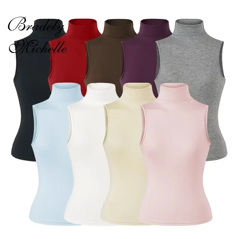 Women Sleeveless Turtleneck Tank Top Slim Fit High Neck Rib Knit Stretch Basic Solid Vest