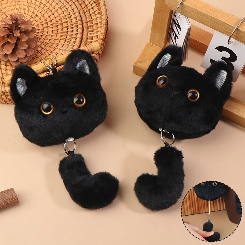 Gato preto dos desenhos animados brinquedo de pelúcia puxar cauda animal gatos macio pelúcia boneca pingente chaveiro do carro mochila saco decoração presente do miúdo