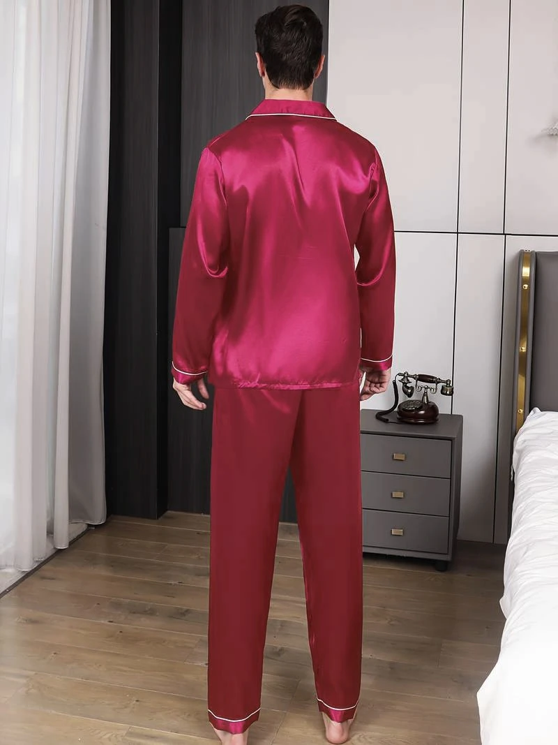 طقم بيجامة رجالي من الساتان سادة بأكمام طويلة وأزرار أمامية وسراويل قماش قابل للتنفس لملابس النوم الصيفية ملابس النوم Pjs