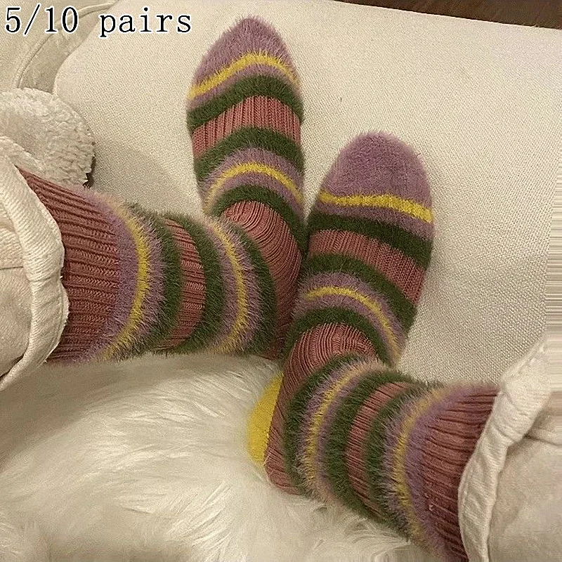 Chaussettes mi-longues en peluche pour femmes, confortables, longues, épaisses, rayées, assorties, extérieur, maison, document, chaud, 5/10 paires