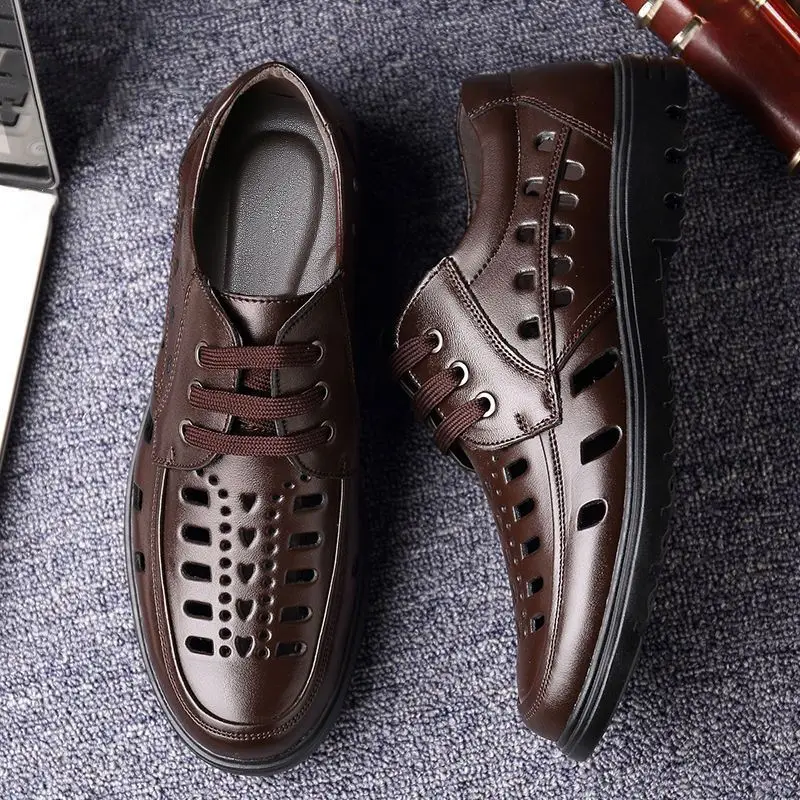 Summer Men's Sandals Breathable Hollow Out Men Casual Shoes Luxury Lace-up Leather Shoes Outdoor Comfor Men sandalias 2024 New