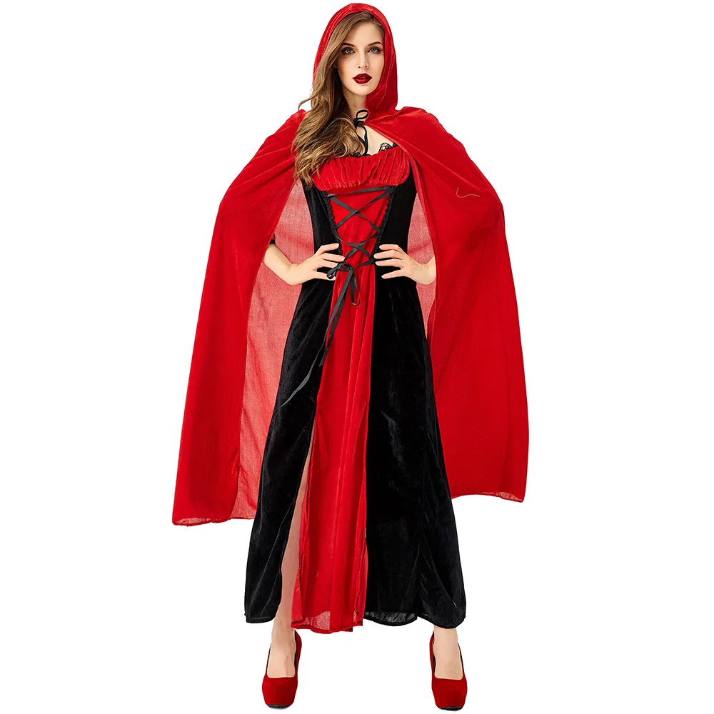 

Adult Little Red Riding Hood Role Playing Medieval Stage Costume Halloween Retro Cosplay Dress Women Corset Cloak Long Dress