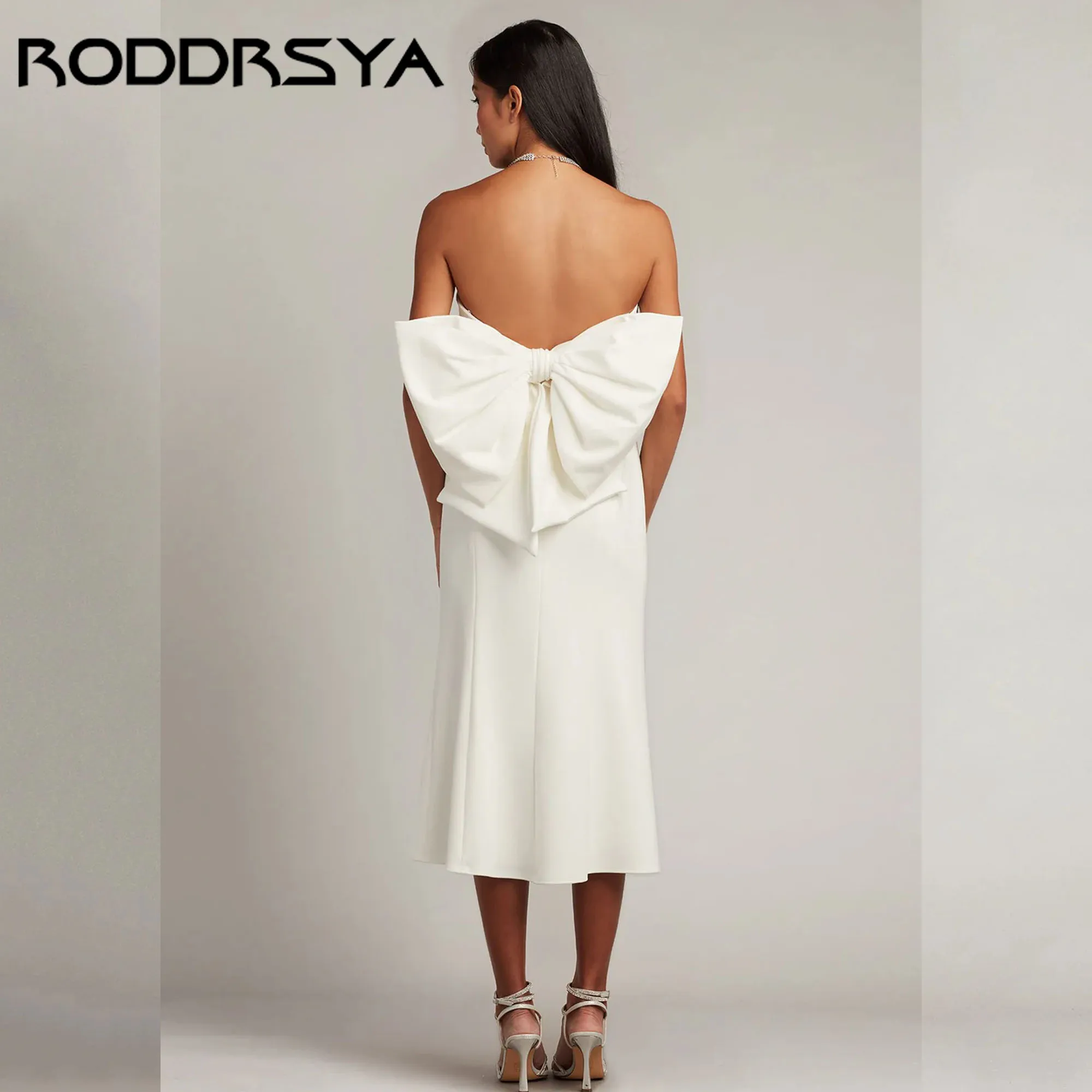RODDRSYA Midi Length Wedding Dress With Bow Simple Satin Sleeveless Bridal Party Gowns Strapless Open Back vestidos Customized