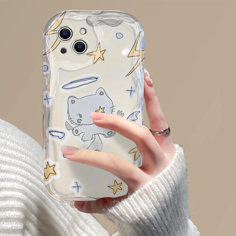 Y2K Cute Cat Pink Angel Kitten 3D Wave Phone Case For Samsung Galaxy S24 S23 S22 S21 S20 FE Plus Ultra 4G 5G Silicone Back Cover