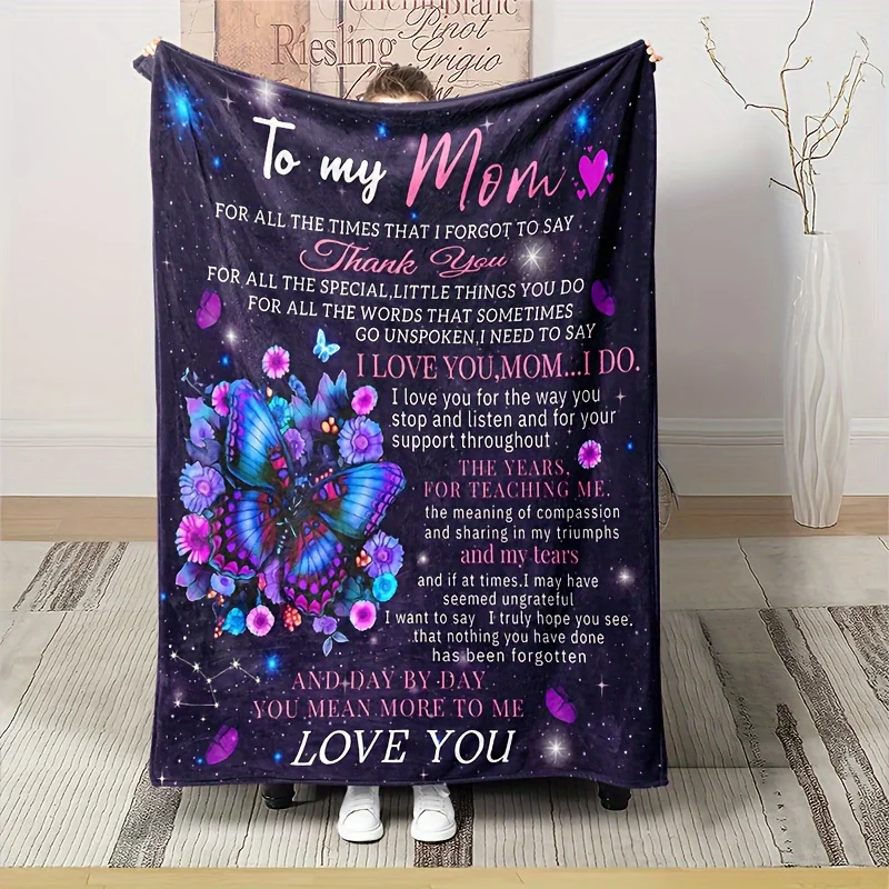 1 To My Mom Butterfly Blanket Single Sided 2D Print Soft Flannel Throw Blanket Bedroom Sofa Couch Family Decor Heartwarming Gift