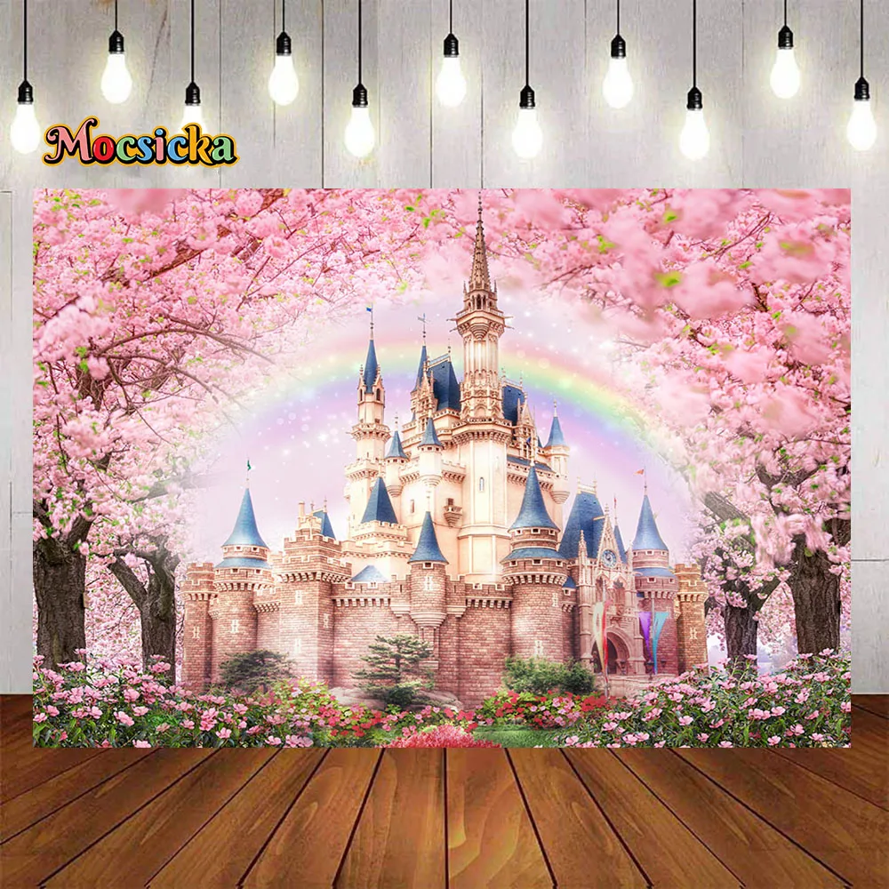 خلفية للتصوير الفوتوغرافي لقلعة الربيع، خلفية كعكة عيد ميلاد الأميرة فتاة، خلفية سحق زهرة وردية، خلفية قوس قزح لحديثي الولادة