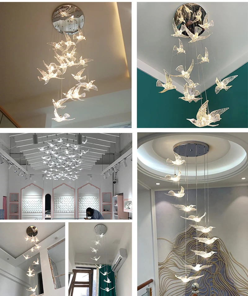 الفاخرة الطيور LED الثريا دوامة الاكريليك مصباح للدرج نجف يُعلق بالسقف تركيبات تصميم طويل لغرفة المعيشة والممر