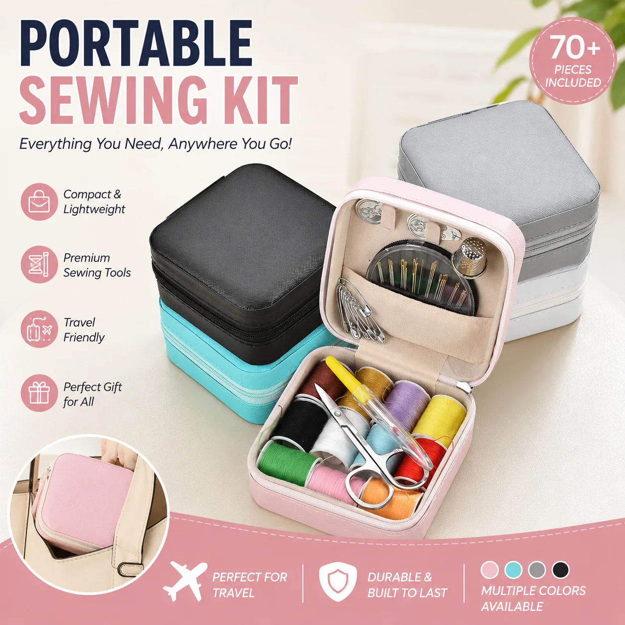 Square cross grain zipper sewing kit storage bag for DIY hand sewing tools, ideal for quick mending at home, dorm and travel