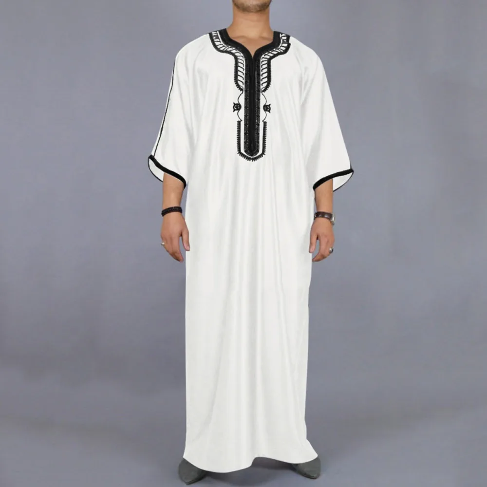 Men's Black Embroidered Muslim Robe Loose Islamic Long Shirt Casual Prayer Clothing