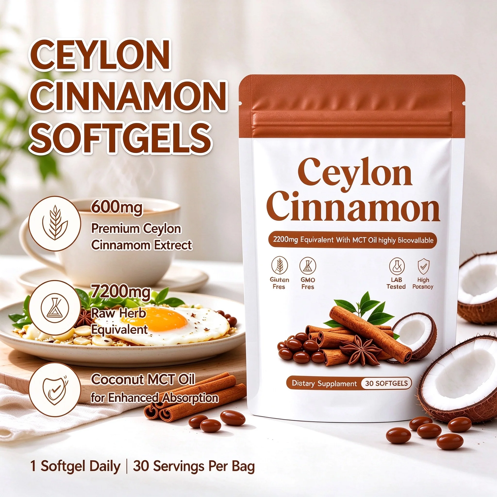 Ceylon Cinnamon Softgels Pure Extract 7200mg Raw Herb Equivalent Coconut Oil High Bioavailability Dietary Supplement 30 Softgels