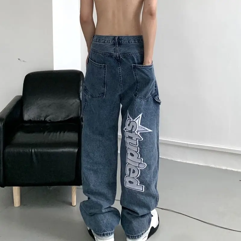 Retro Hip-hop Letter Embroidery Harajuku Oversized Y2K Jeans Loose Straight-leg Pants Wide-leg Trousers for Men Women Couples