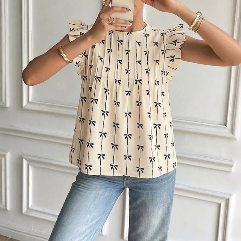 

2026 New Retro Girls' Style Top Round Neck Folded Bow Printed Flying Sleeve Shirt for Women