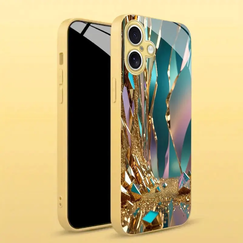 

New gold-colored geometric pattern gold electroplated glass phone case, suitable for iPhone 17, 16, 15, 14, 13, 12, 11, etc.