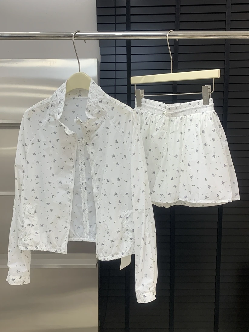 Minimalist See Through Floral Shorts Suit Women Loose Long Sleeves Sun Protection Shirts Female 2025 Spring Set 2 Pieces