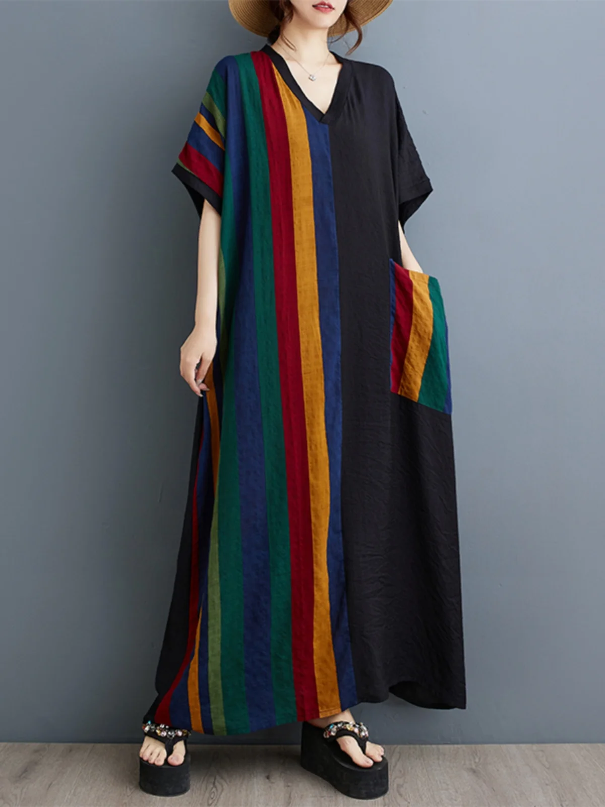 Slimming Long Cotton Linen Print V-Ne ort Sve Color Blo Bla Maxi Dr Summer Loose Fit Batwing Sve Irregular Hem