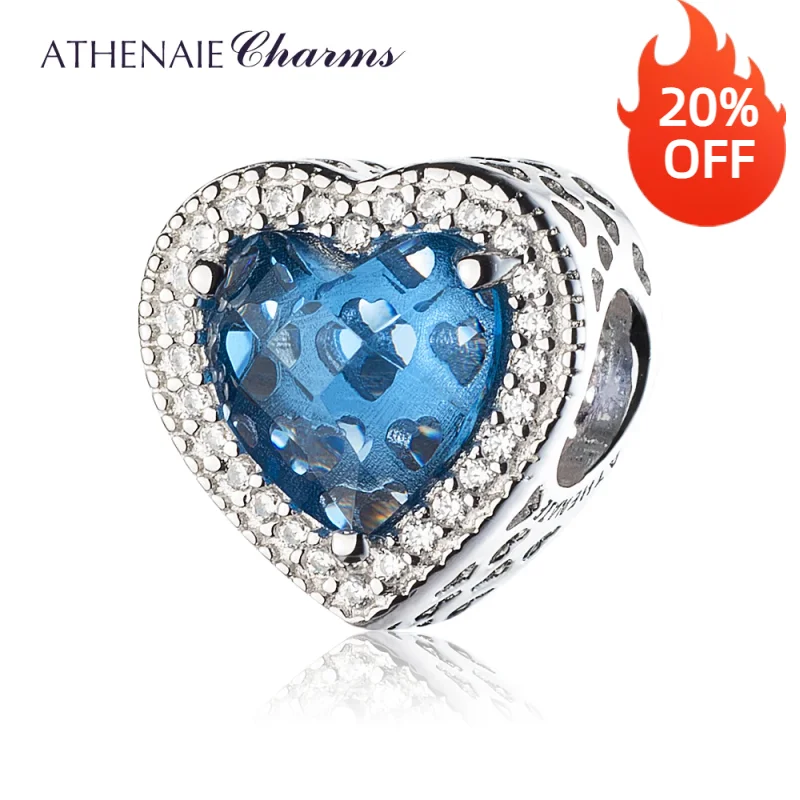 ATHENAIE 925 Sterling Silver Radiant Hearts Beads Charms Pave Moonlight Blue Crystal & Clear CZ Fit Bracelets Women